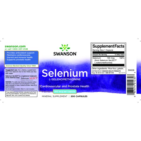 Selenium L-Selenomethionine, Swanson, 100mcg, 200 capsules