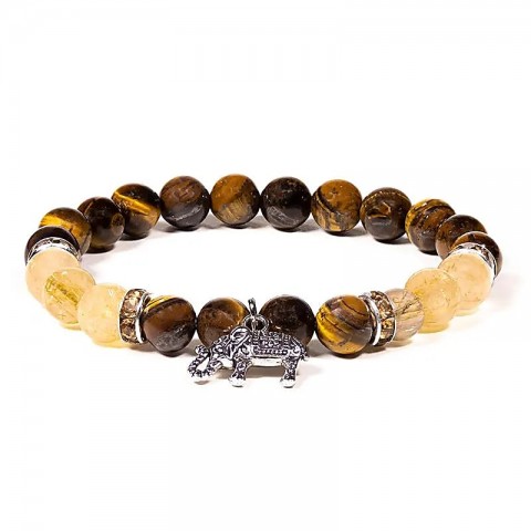 Bracelet with tiger's eye and rutile quartz and elephant, 8mm