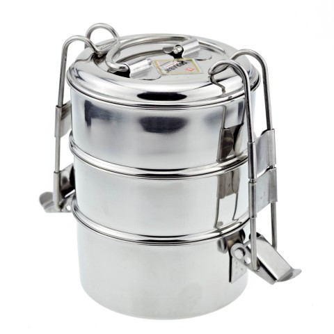 Authentic traditional Indian lunch box Tiffin-Box Bombay, 3 tiers, stainless steel, standard