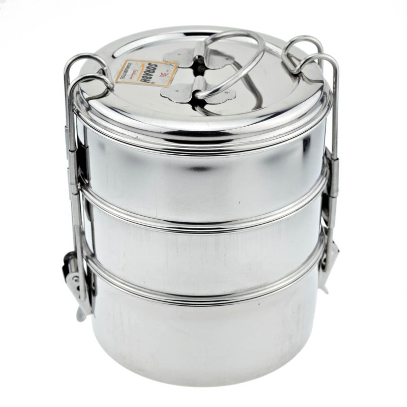 Authentic, traditional Indian lunch box Tiffin-Box Bombay, 3 tiers, stainless steel, large