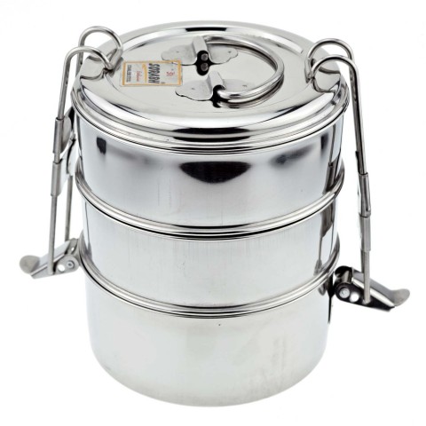 Authentic, traditional Indian lunch box Tiffin-Box Bombay, 3 tiers, stainless steel, large