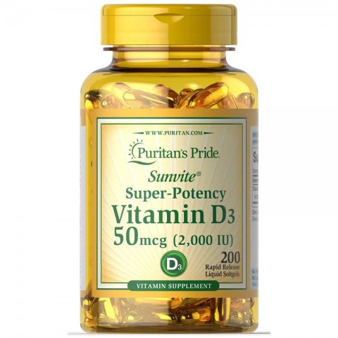 Vitamin D3 2000 IU, Puritan's Pride, 50mcg, 200 softgels