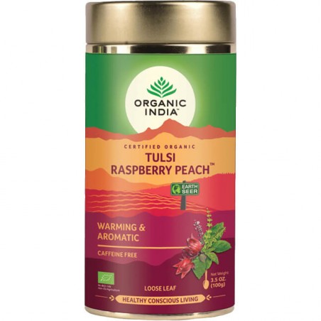 Aromatic warming Ayurvedic tea Tulsi Raspberry Peach, loose, Organic India, 100g