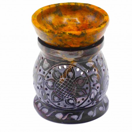 Горелка для благовоний из мыльного камня Mandala Flower Black & Yellow, 10 см