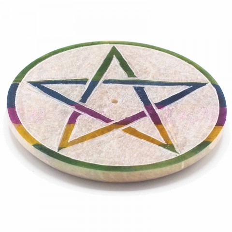 Soapstone disc incense holder Pentagram, 8cm