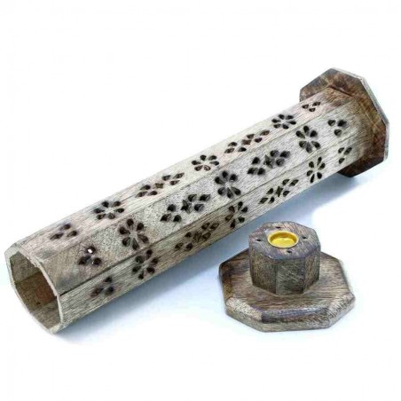 Hexagonal mango wood incense tower, 37cm