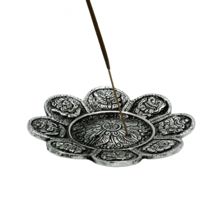 Tibetan Character Incense Holder in polished aluminium, 12 cm