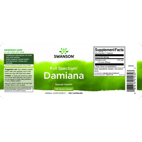 Damiana leaves Turnera Diffusa, Swanson, 510mg, 100 capsules