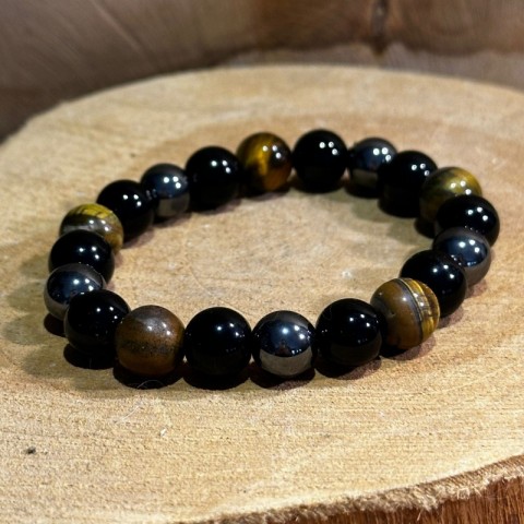 Elasticated Black Obsidian, Tiger Eye and Hematite Bracelet, 8mm