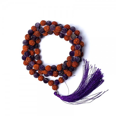 Rudraksha and Amethyst necklace Mala 108 beads