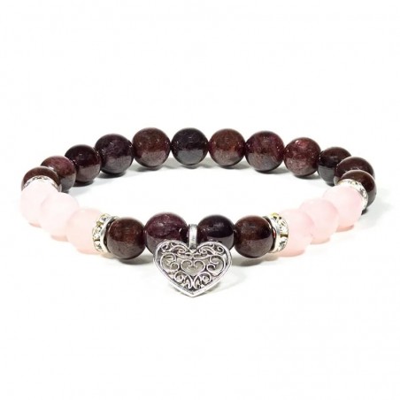 Bracelet with garnet and rose quartz and heart, 8mm