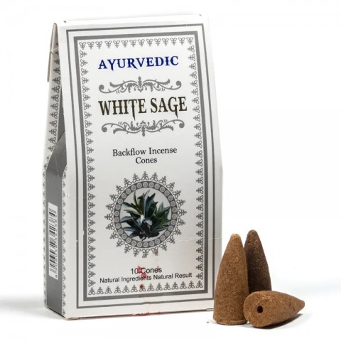 Ajurvediniai atbulinio smilkymo BackFlow kūgiai White Sage, Ayurvedic, 30g