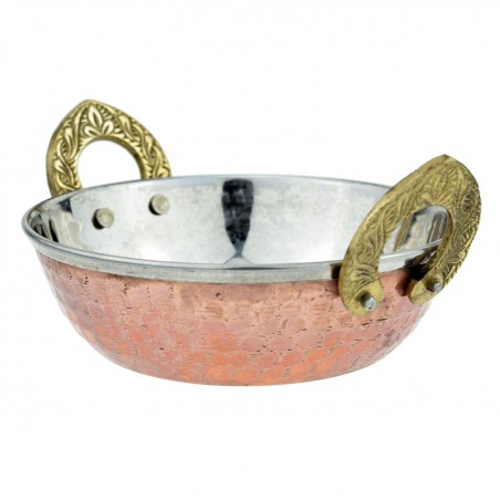 Indian stainless steel and copper serving bowl Kadai with handles
