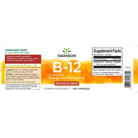 Витамин B12 (цианокобаламин), Swanson, 500 мг, 100 капсул
