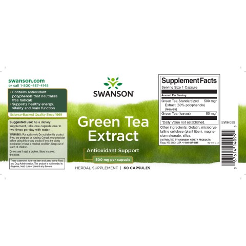 Экстракт зеленого чая Green Tea, Swanson, 500 мг, 60 капсул